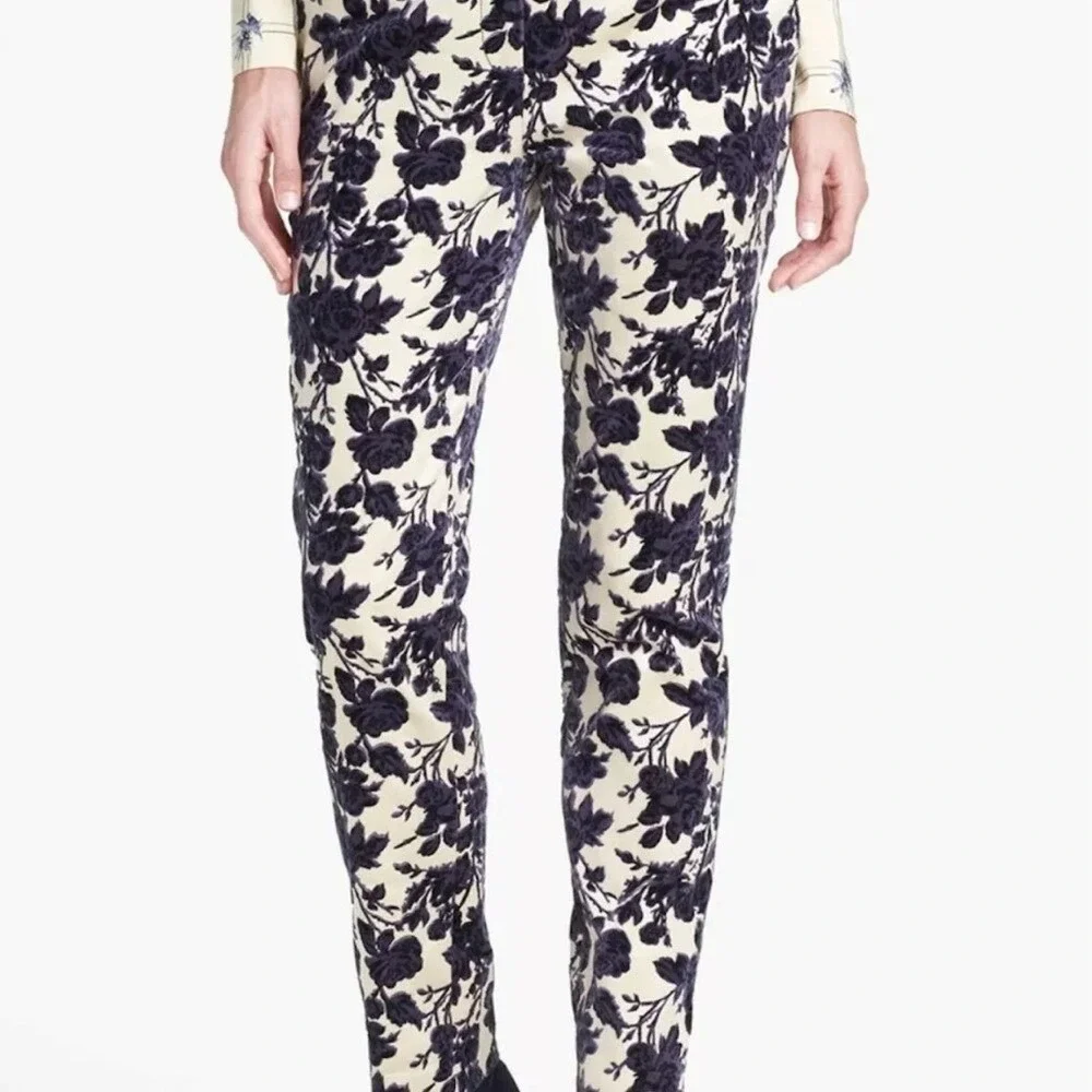 Tory Burch Floral Velvet Burnout Trousers Navy Cream Devore Slim Leg Pants